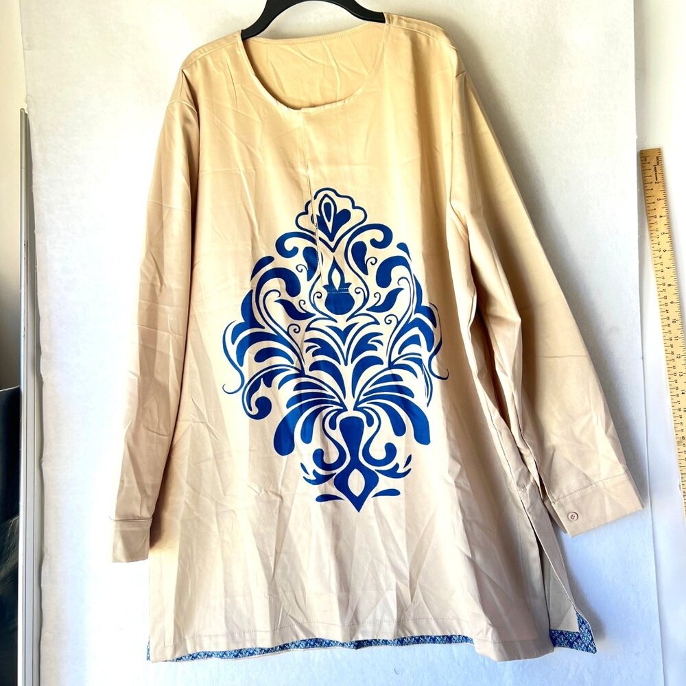 Beige Blue African Dashiki Tunic Top Size 4XL